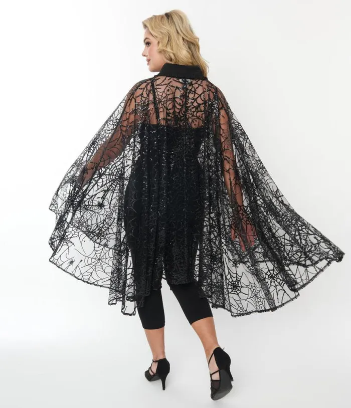 Black Glitter Spiderweb Mesh Cape ClothingHalloweenPlus Unique Vintage Jackets