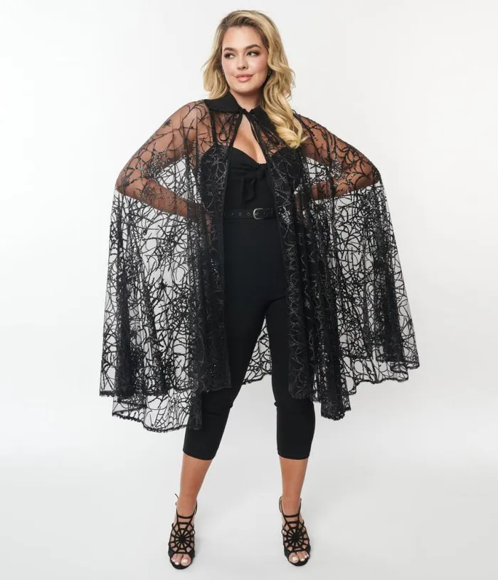 Black Glitter Spiderweb Mesh Cape ClothingHalloweenPlus Unique Vintage Jackets