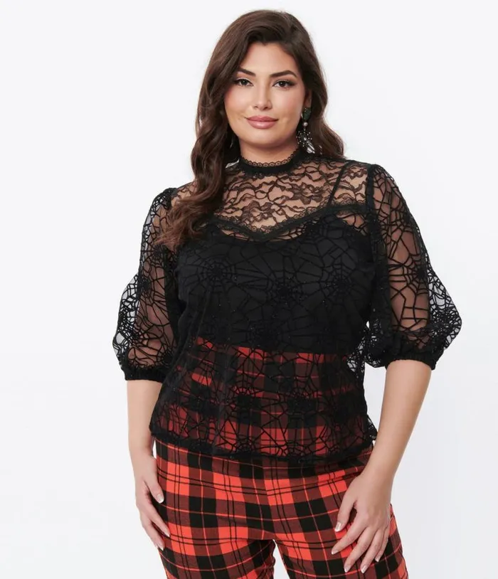 Black Glitter Web Mourning Blouse Halloween Unique Vintage Tops