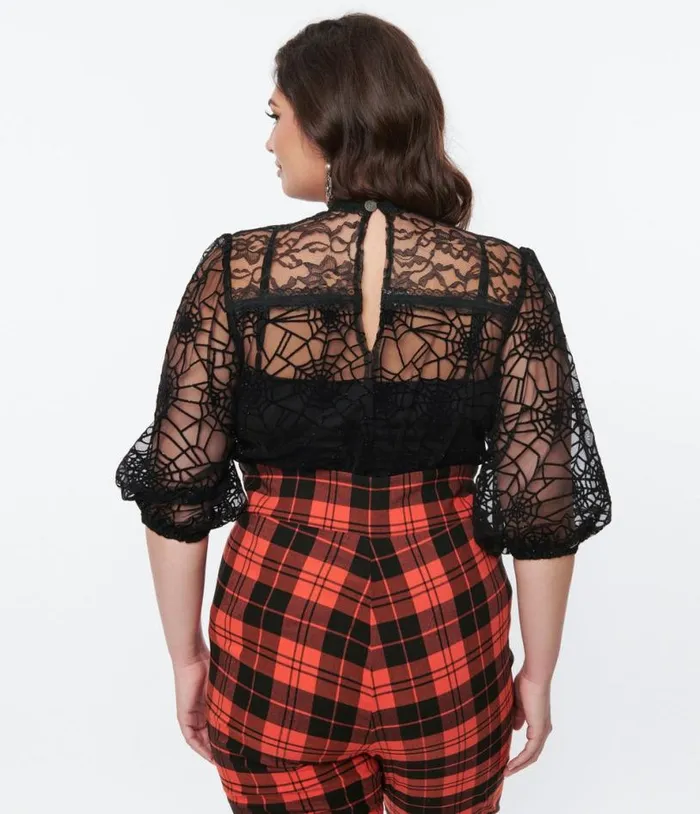 Black Glitter Web Mourning Blouse Halloween Unique Vintage Tops