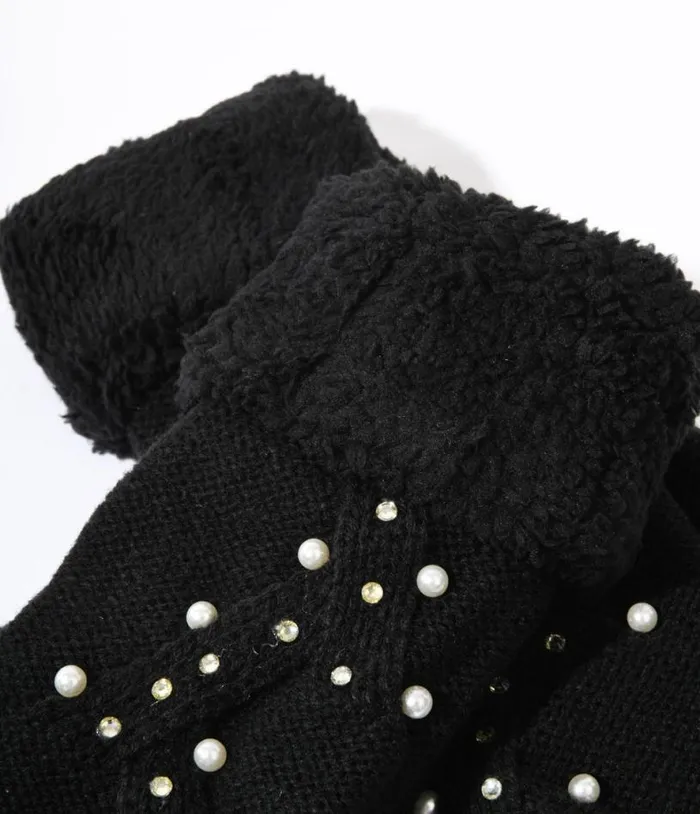 Black Knit Pearl and Rhinestone Mittens Accessories Unique Vintage Gloves and Scarves