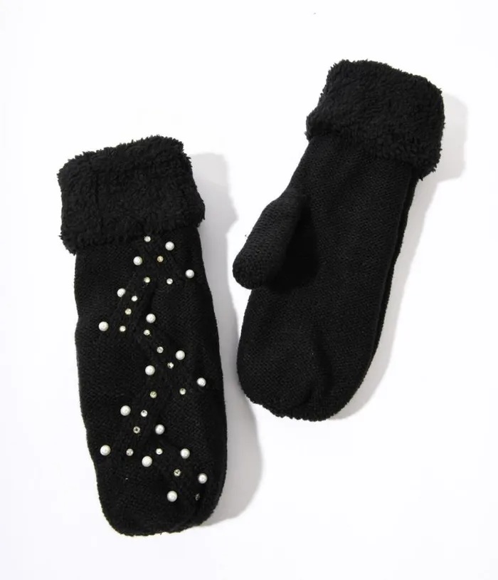 Black Knit Pearl and Rhinestone Mittens Accessories Unique Vintage Gloves and Scarves