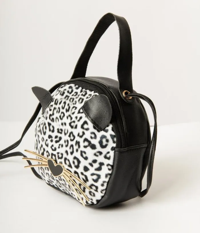 Black Leatherette and Leopard Face Crossbody Accessories Unique Vintage Novelty Bags