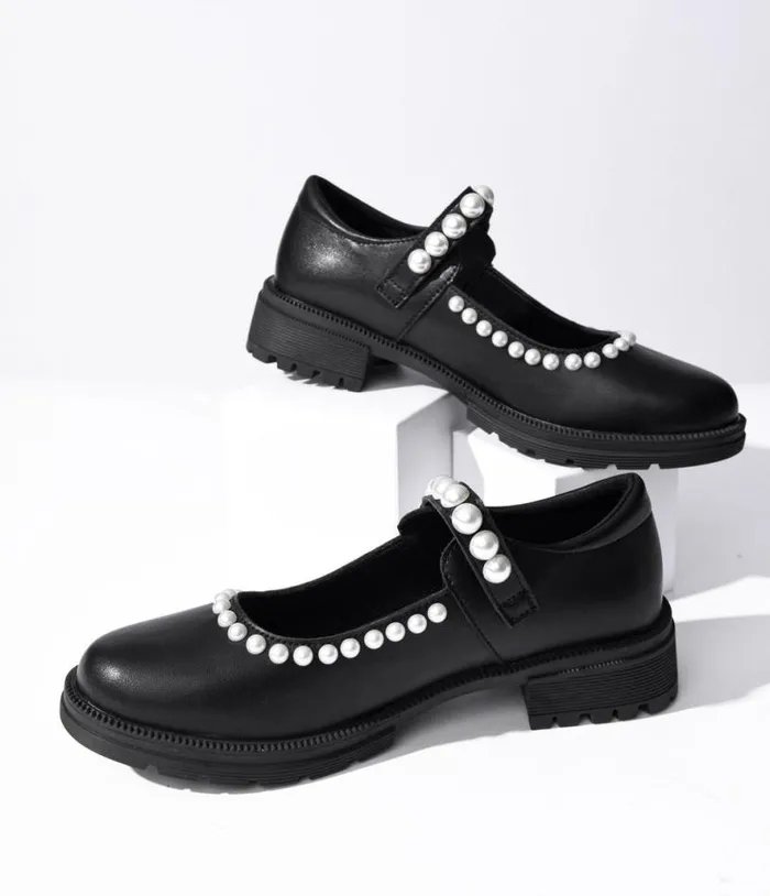 Black Leatherette and Pearl Mary Jane Flats Shoes Unique Vintage Flats