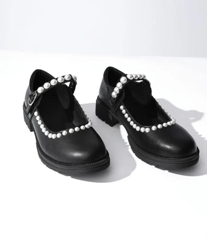 Black Leatherette and Pearl Mary Jane Flats Shoes Unique Vintage Flats