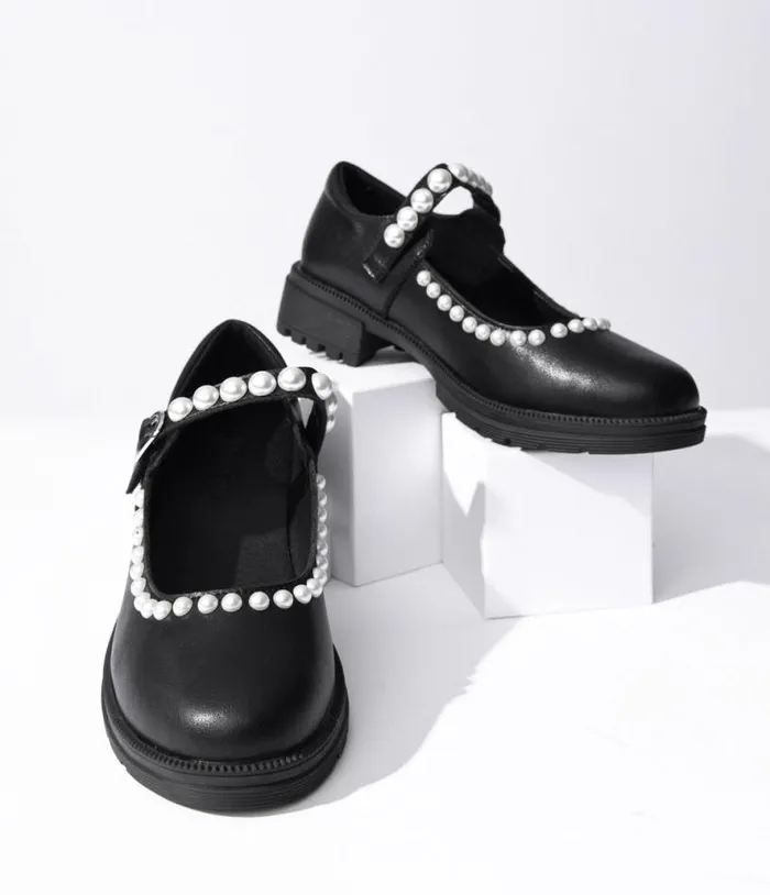 Black Leatherette and Pearl Mary Jane Flats Shoes Unique Vintage Flats