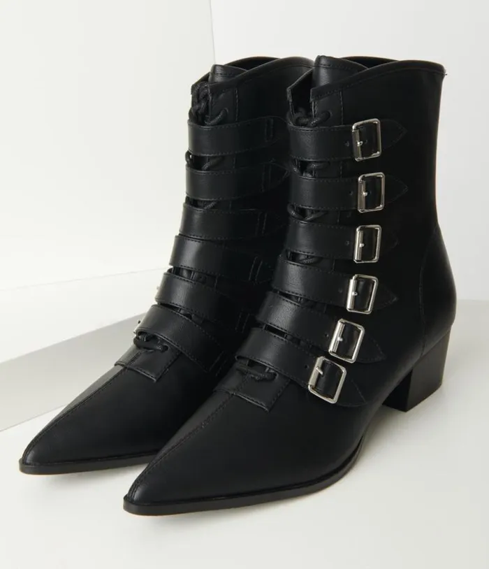 Black Leatherette Buckle Coven Boots HalloweenShoes Unique Vintage Accessories Black Leatherette Buckle Coven Boots HalloweenShoes Unique Vintage Accessories