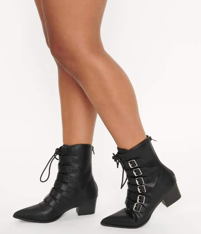 Black Leatherette Buckle Coven Boots HalloweenShoes Unique Vintage Accessories