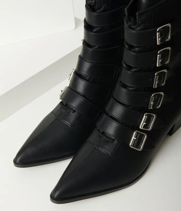 Black Leatherette Buckle Coven Boots HalloweenShoes Unique Vintage Accessories