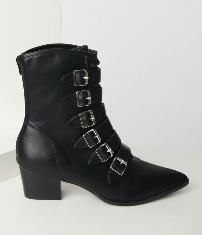 Black Leatherette Buckle Coven Boots HalloweenShoes Unique Vintage Accessories