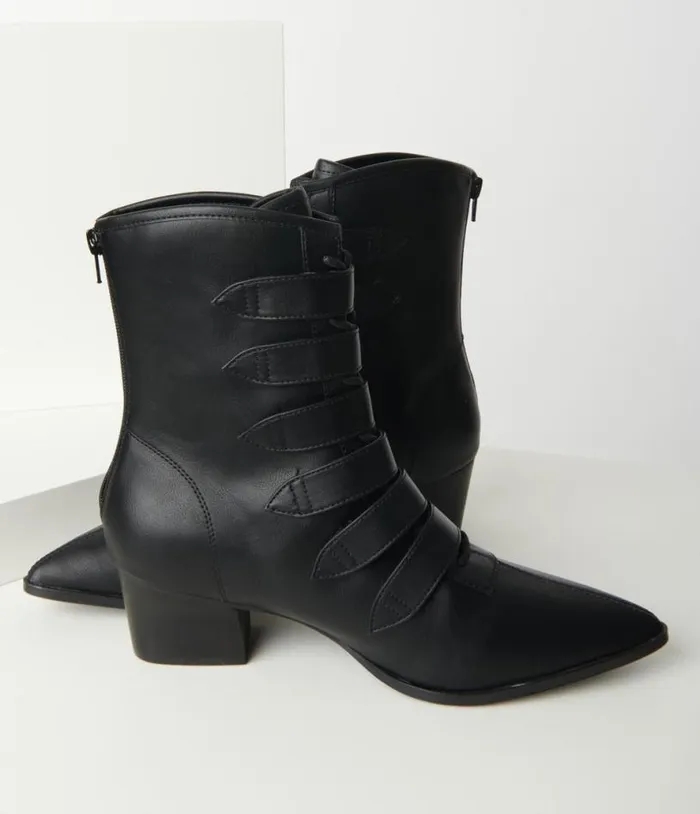 Black Leatherette Buckle Coven Boots HalloweenShoes Unique Vintage Accessories