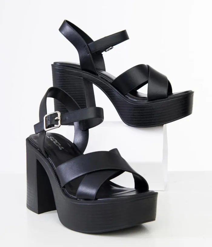 Black Leatherette Cross Strap Chunky Platform Sandals Shoes Unique Vintage Sandals Black Leatherette Cross Strap Chunky Platform Sandals Shoes Unique Vintage Sandals