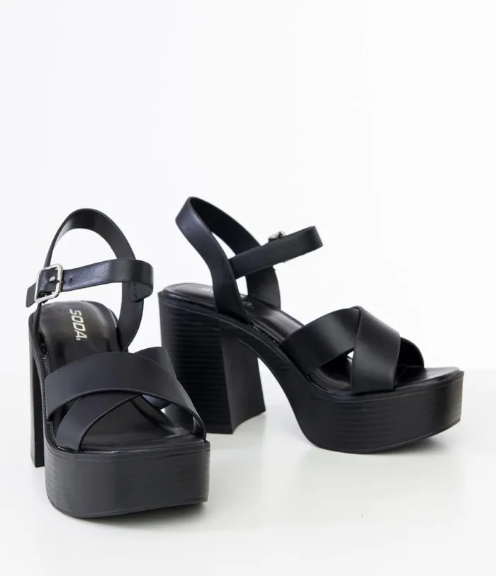 Black Leatherette Cross Strap Chunky Platform Sandals Shoes Unique Vintage Sandals
