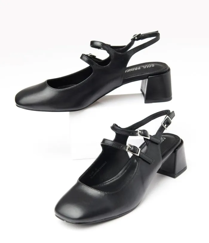 Black Leatherette Double Strap Mary Jane Slingback Heels Shoes Unique Vintage Heels Black Leatherette Double Strap Mary Jane Slingback Heels Shoes Unique Vintage Heels