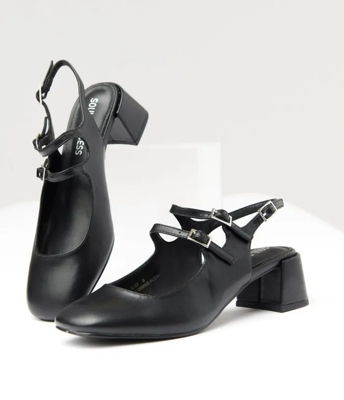 Black Leatherette Double Strap Mary Jane Slingback Heels Shoes Unique Vintage Heels