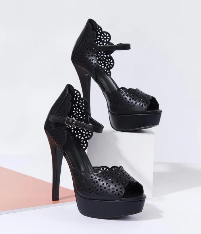 Black Leatherette Faux Lace Platform Heels Shoes Unique Vintage Heels