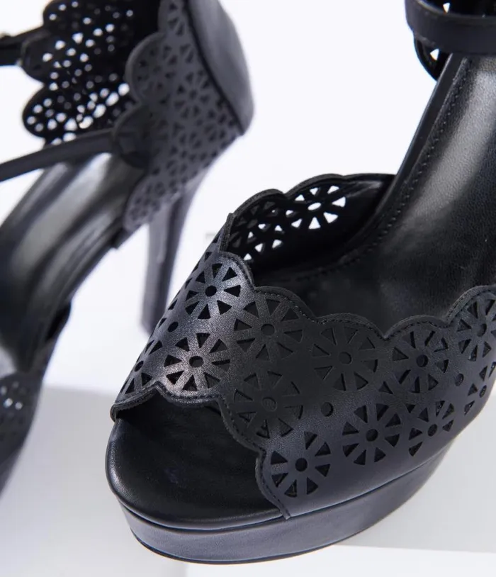 Black Leatherette Faux Lace Platform Heels Shoes Unique Vintage Heels