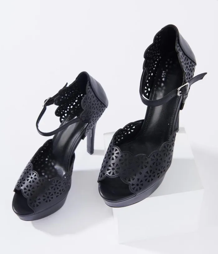 Black Leatherette Faux Lace Platform Heels Shoes Unique Vintage Heels