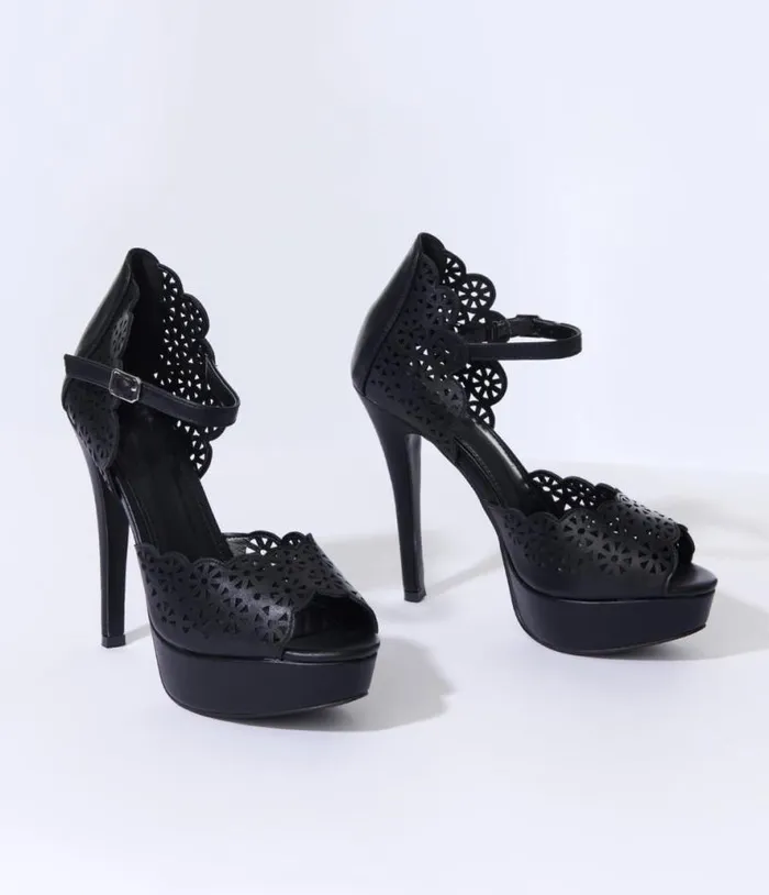 Black Leatherette Faux Lace Platform Heels Shoes Unique Vintage Heels