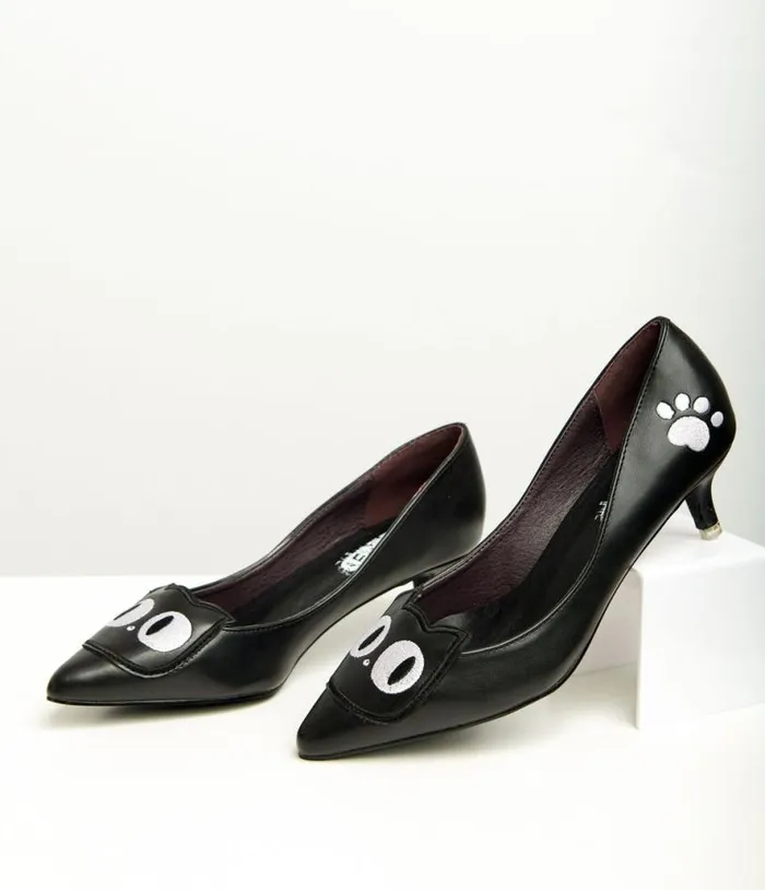 Black Leatherette Kitty Cat Lover Heels HalloweenShoes Unique Vintage Heels Black Leatherette Kitty Cat Lover Heels HalloweenShoes Unique Vintage Heels