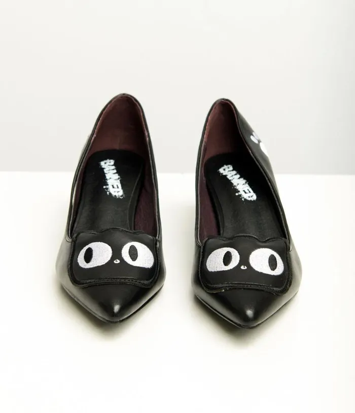Black Leatherette Kitty Cat Lover Heels HalloweenShoes Unique Vintage Heels