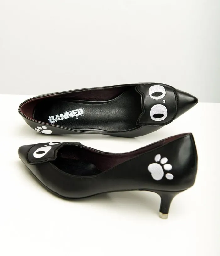 Black Leatherette Kitty Cat Lover Heels HalloweenShoes Unique Vintage Heels