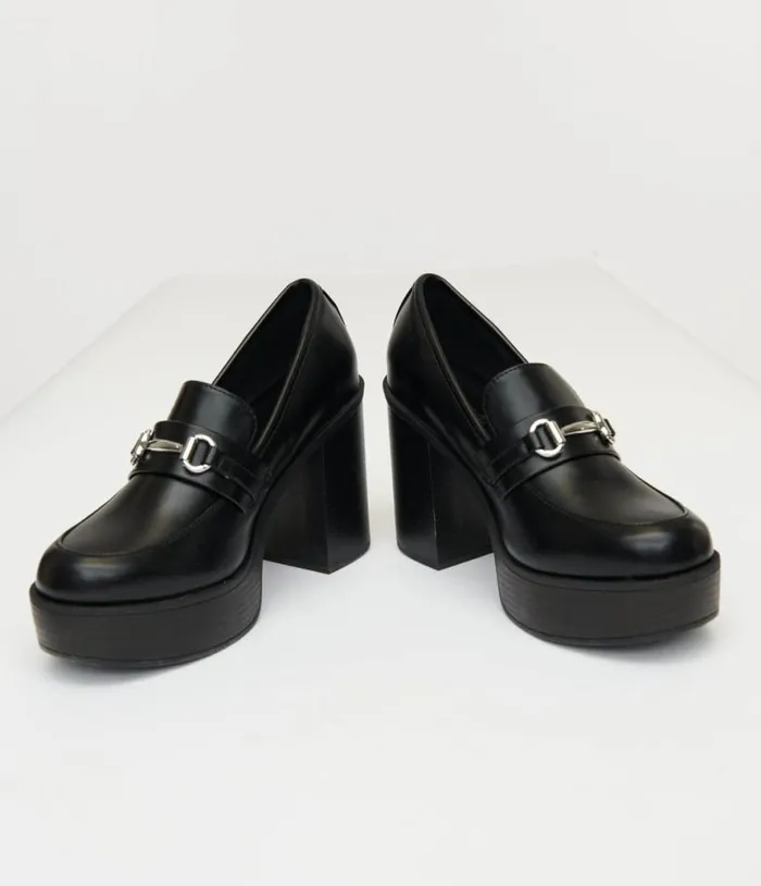 Black Leatherette Loafer Heels Shoes Unique Vintage Heels