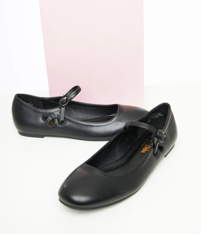 Black Leatherette Mary Jane Flats Shoes Unique Vintage Flats
