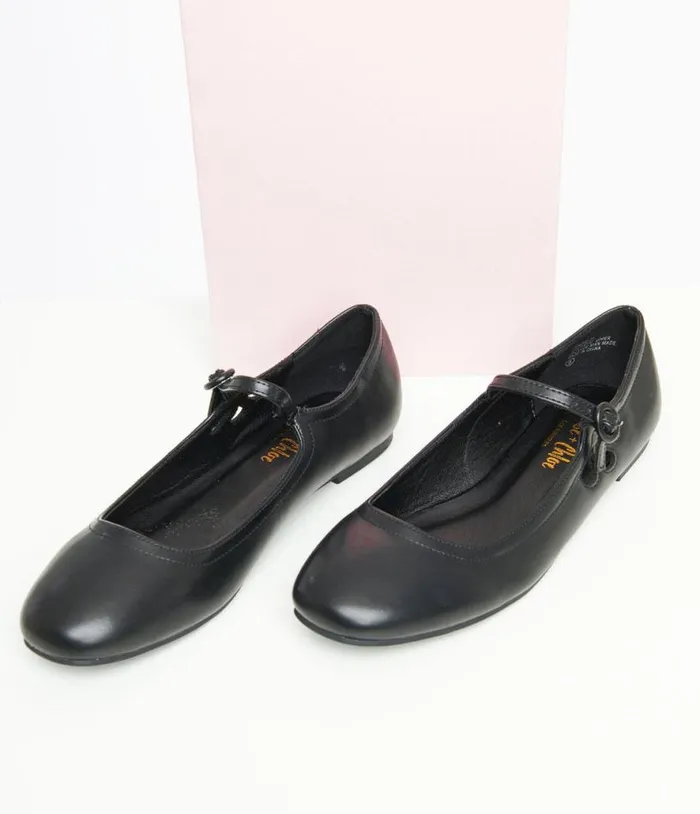 Black Leatherette Mary Jane Flats Shoes Unique Vintage Flats