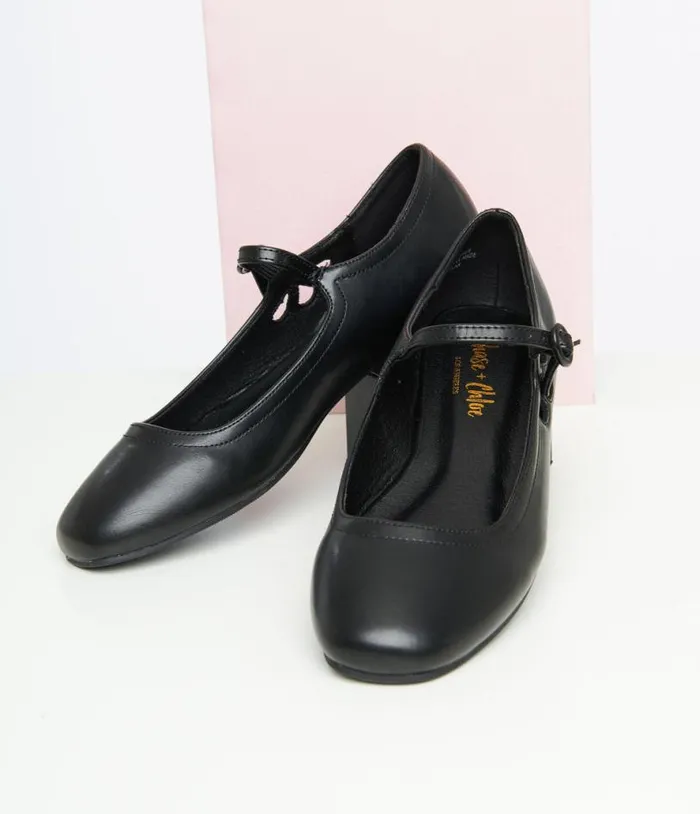 Black Leatherette Mary Jane Flats Shoes Unique Vintage Flats