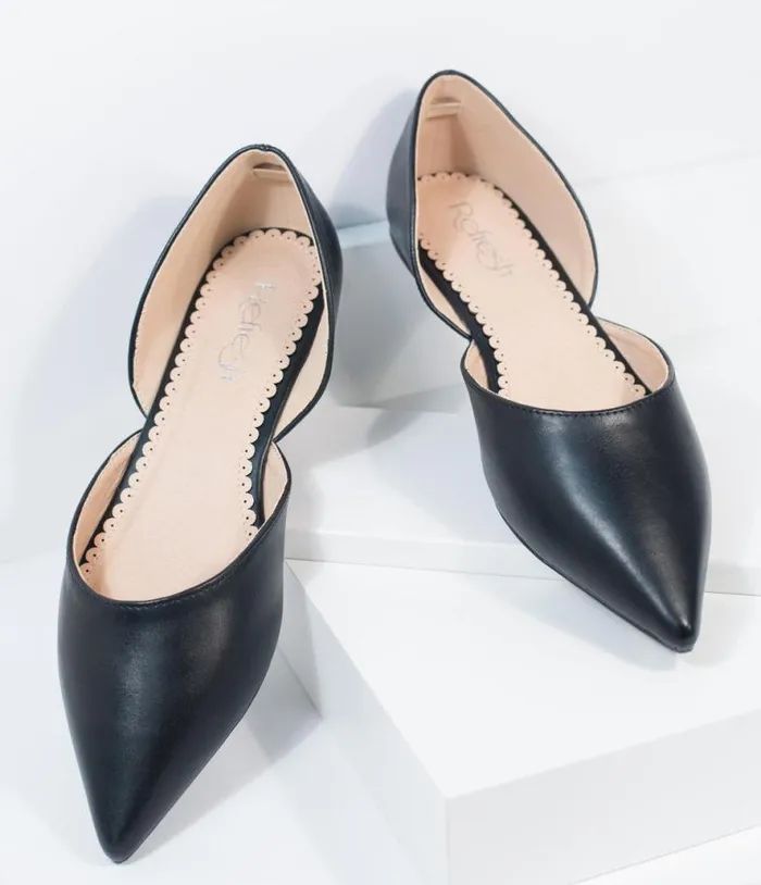 Black Leatherette Pointed Toe Flats Shoes Unique Vintage Flats