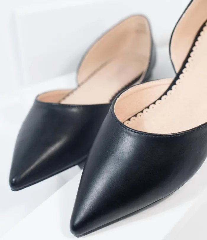 Black Leatherette Pointed Toe Flats Shoes Unique Vintage Flats
