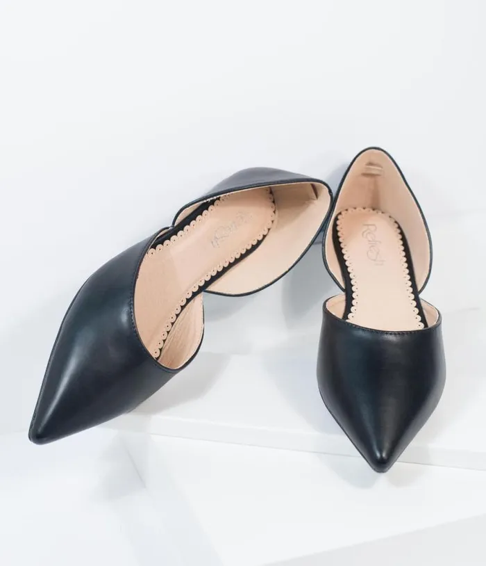 Black Leatherette Pointed Toe Flats Shoes Unique Vintage Flats