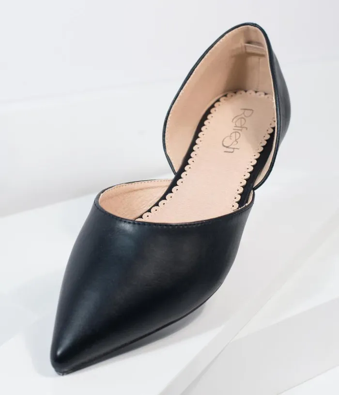 Black Leatherette Pointed Toe Flats Shoes Unique Vintage Flats