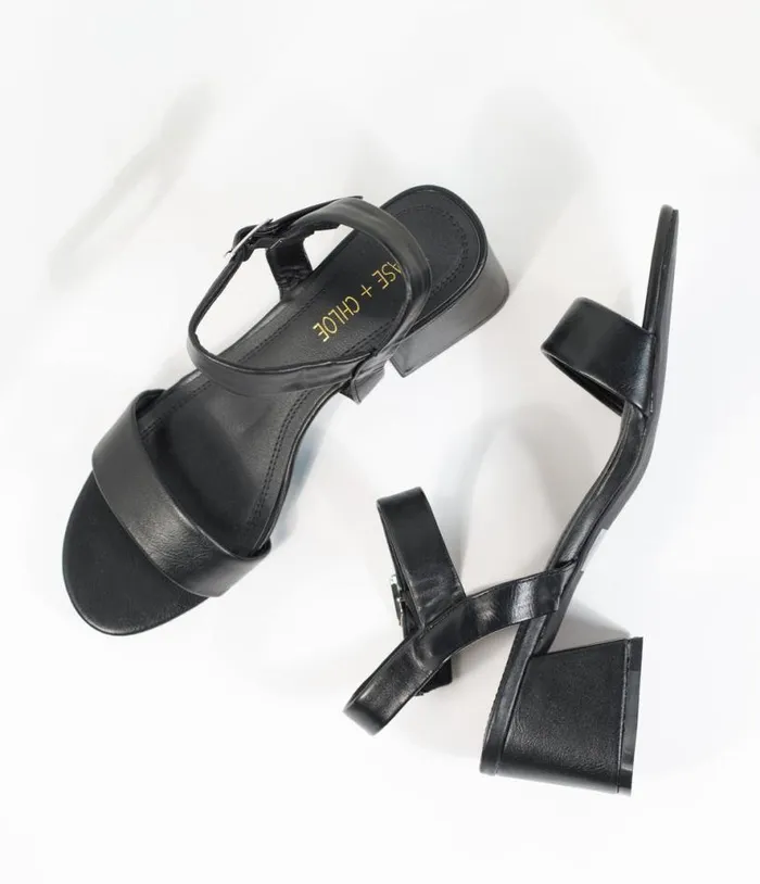 Black Leatherette Teagan Heeled Sandal Shoes Unique Vintage Sandals
