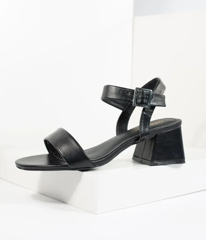 Black Leatherette Teagan Heeled Sandal Shoes Unique Vintage Sandals