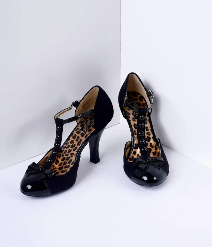 Black Microsuede Button Up TStrap Heels Shoes Unique Vintage Heels