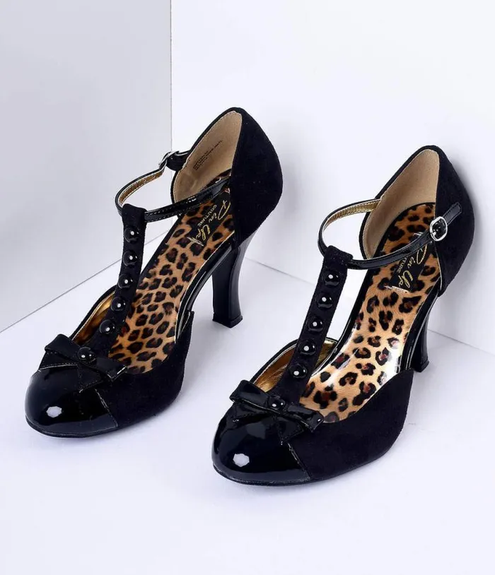 Black Microsuede Button Up TStrap Heels Shoes Unique Vintage Heels