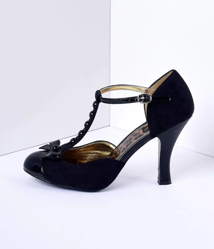 Black Microsuede Button Up TStrap Heels Shoes Unique Vintage Heels