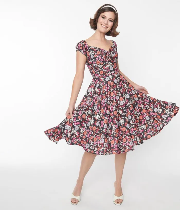 Black Multicolor Floral Sophia Swing Dress Dresses Unique Vintage Pocket Dresses