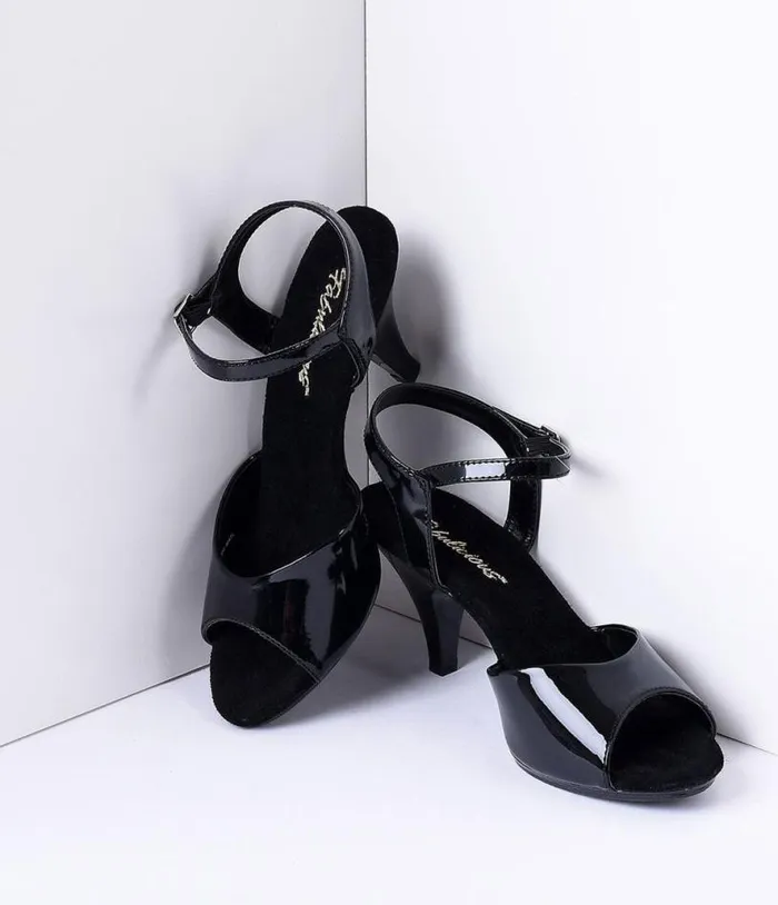 Black Patent Leather Belle Sandal Pump Shoes Unique Vintage Heels