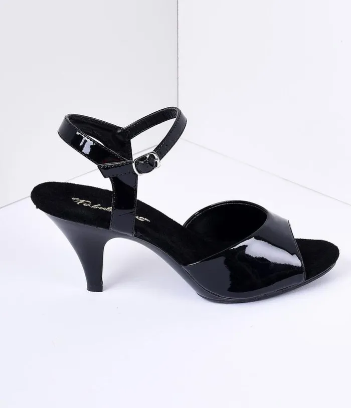 Black Patent Leather Belle Sandal Pump Shoes Unique Vintage Heels