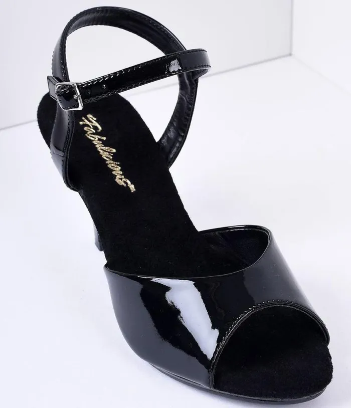 Black Patent Leather Belle Sandal Pump Shoes Unique Vintage Heels