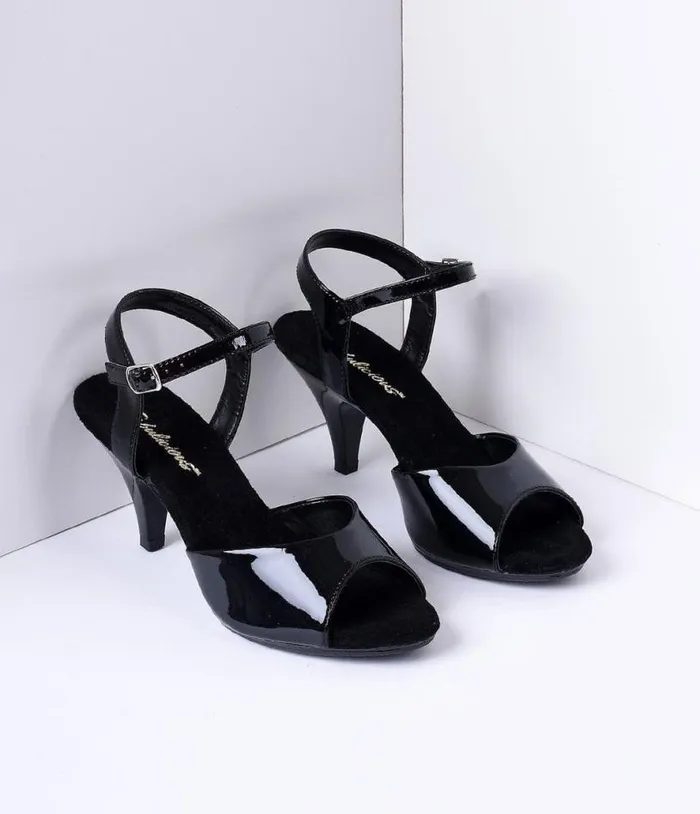Black Patent Leather Belle Sandal Pump Shoes Unique Vintage Heels