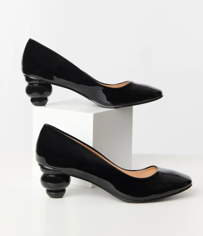 Black Patent Leatherette Ball Heel Pumps Shoes Unique Vintage Heels