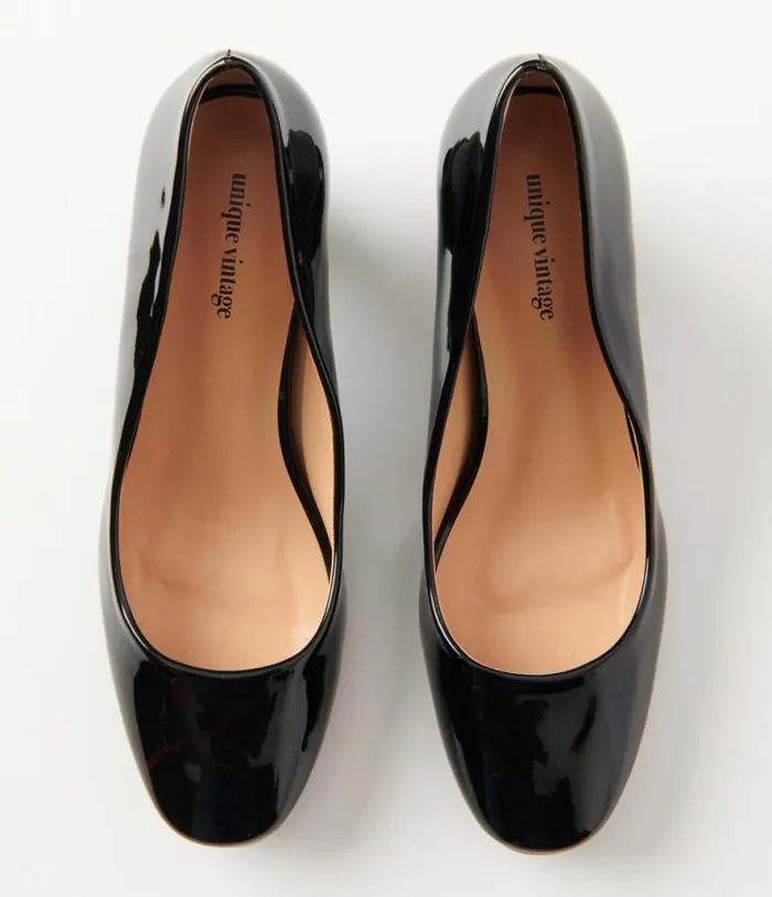 Black Patent Leatherette Ball Heel Pumps Shoes Unique Vintage Heels