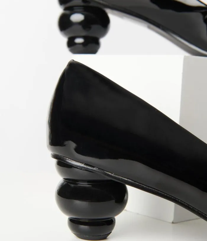 Black Patent Leatherette Ball Heel Pumps Shoes Unique Vintage Heels