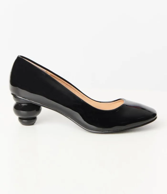 Black Patent Leatherette Ball Heel Pumps Shoes Unique Vintage Heels