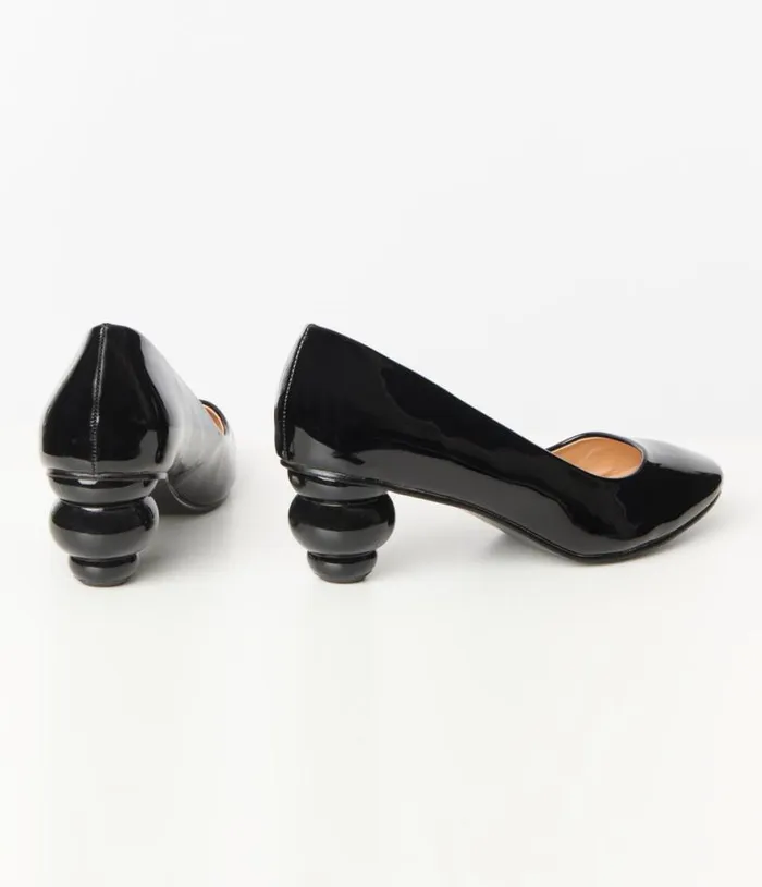 Black Patent Leatherette Ball Heel Pumps Shoes Unique Vintage Heels