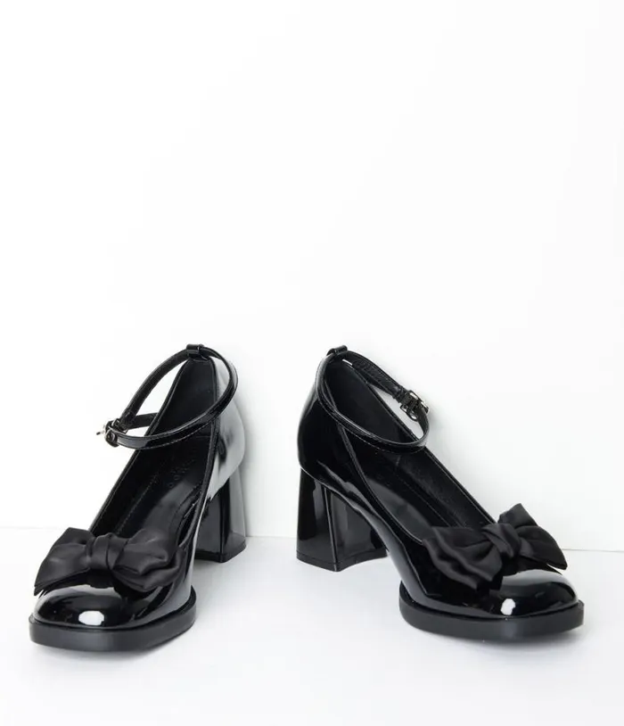 Black Patent Leatherette Bow Heels Shoes Unique Vintage Heels